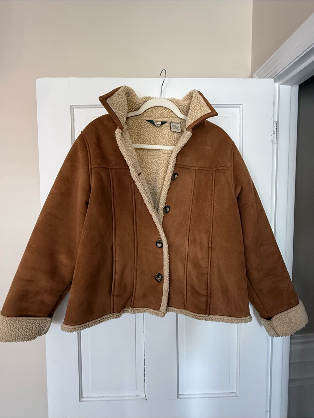 L.L. Bean Chestnut Faux-Suede Teddy Jacket with Cream Sherpa Trim